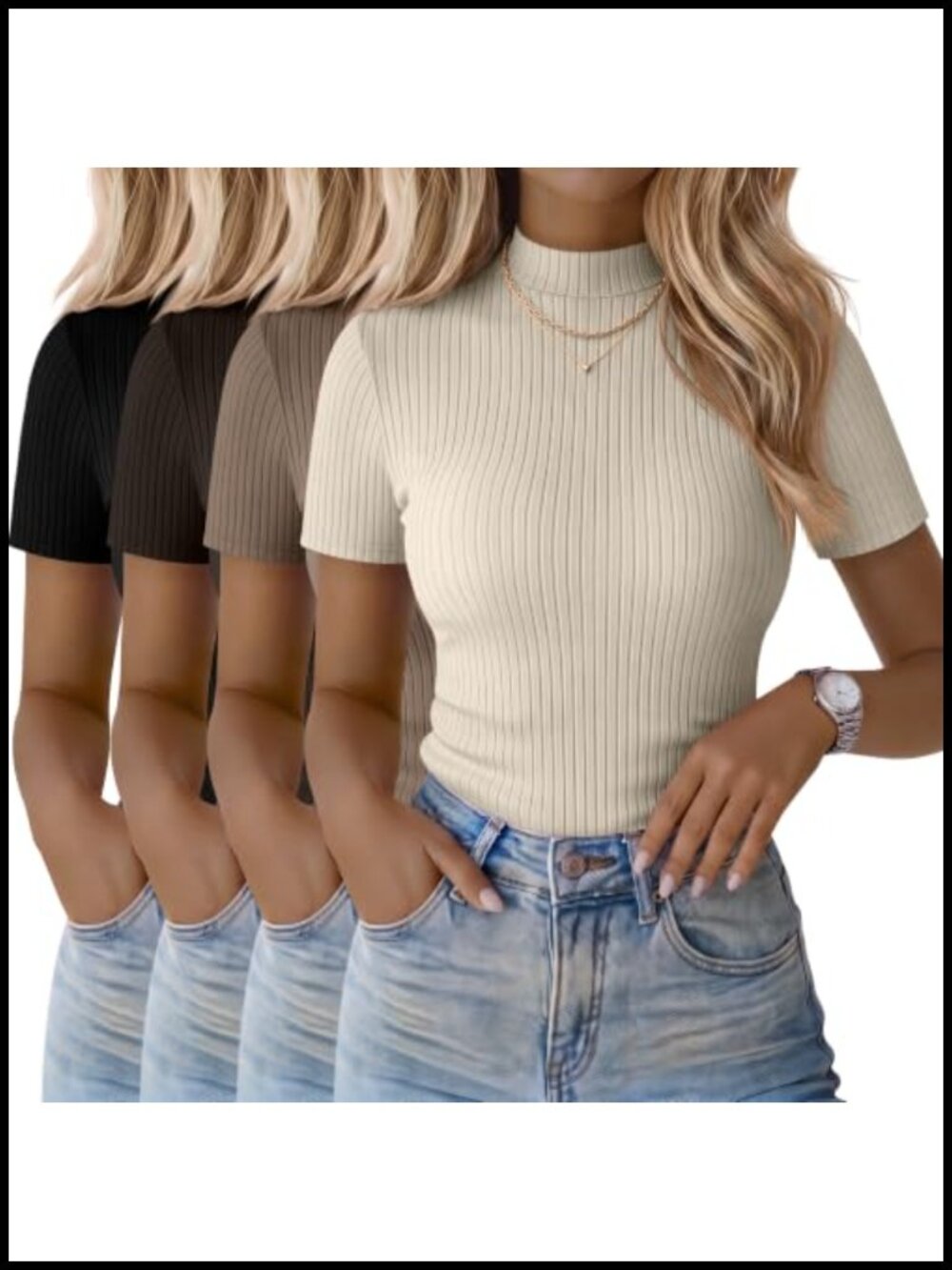 4 Pack Womens Mock Neck T Shirts Ribbed Knit Short Sleeve